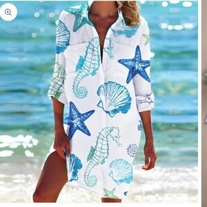 White & Blue Seashell Print Midi Shirt Dress/cover up